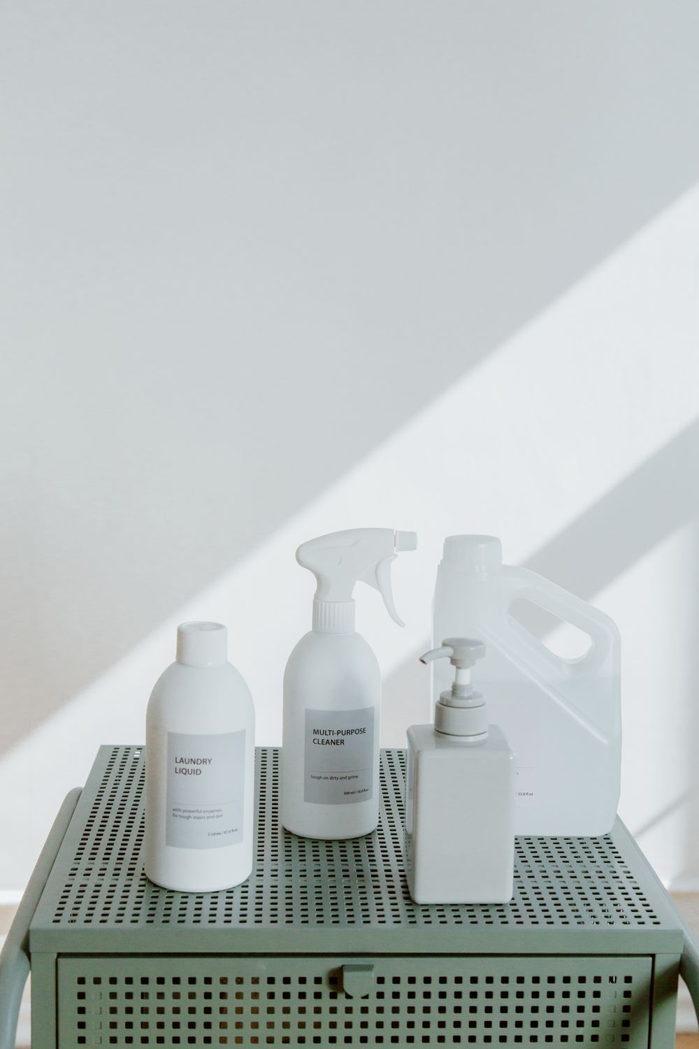 Cleaning and sanitizing supplies used during water damage cleanup and mold prevention