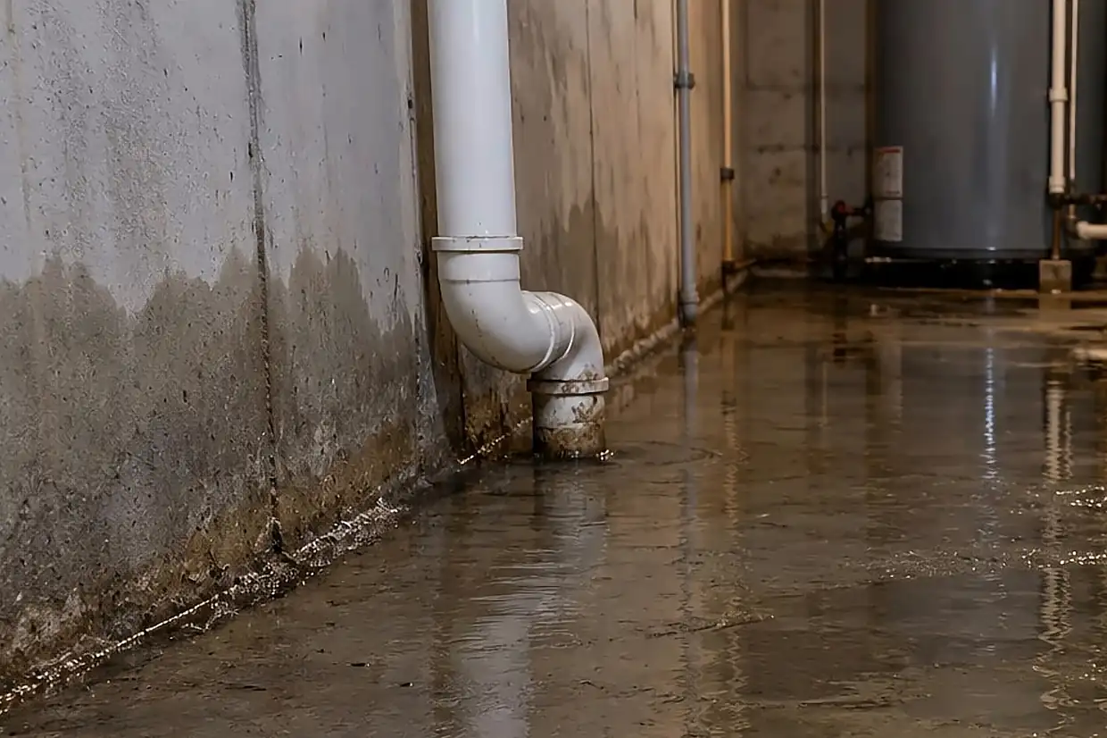 White drain pipe and water heater above a flooded basement floor